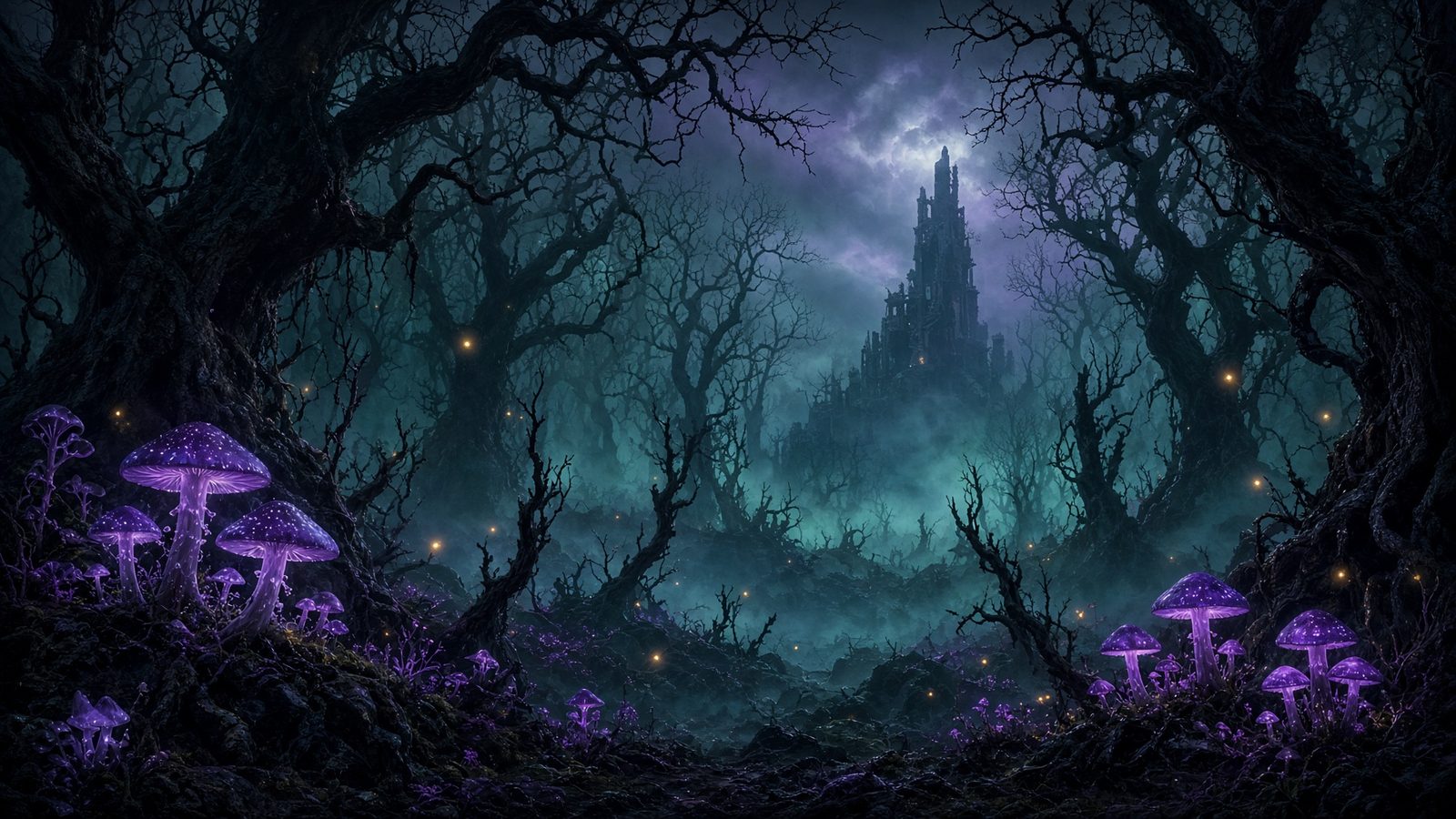 Dark fantasy forest with ruined tower
